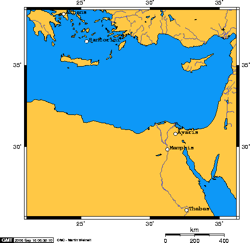 The relative locations of Santorini/Thera and Avaris The relative locations of Santorini/Thera and Avaris
